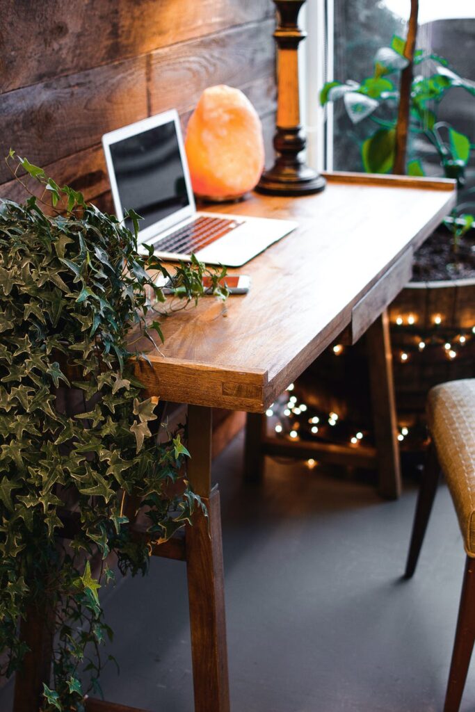 A wooden table next to indoors plants, with an orange Himalayan lamp and a laptop on it.
